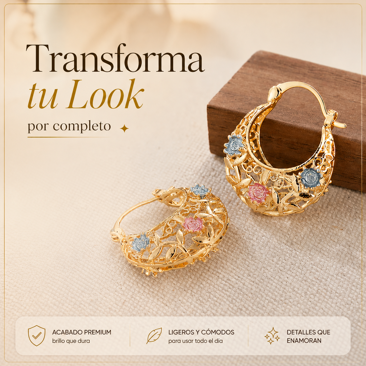 Aretes Chapados en Oro Media Luna: Diseño floral exclusivo 🌸