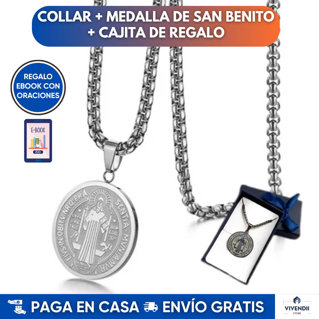 Collar San Benito en Acero Inoxidable: Collar + Medalla + Cajita de regalo + Ebook con oraciones 🛒