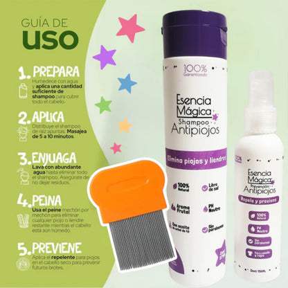 Kit Antipiojos (Shampoo + Spray + Peine) | Esencia Mágica ANTIPIOJOS 100% NATURAL 🌿