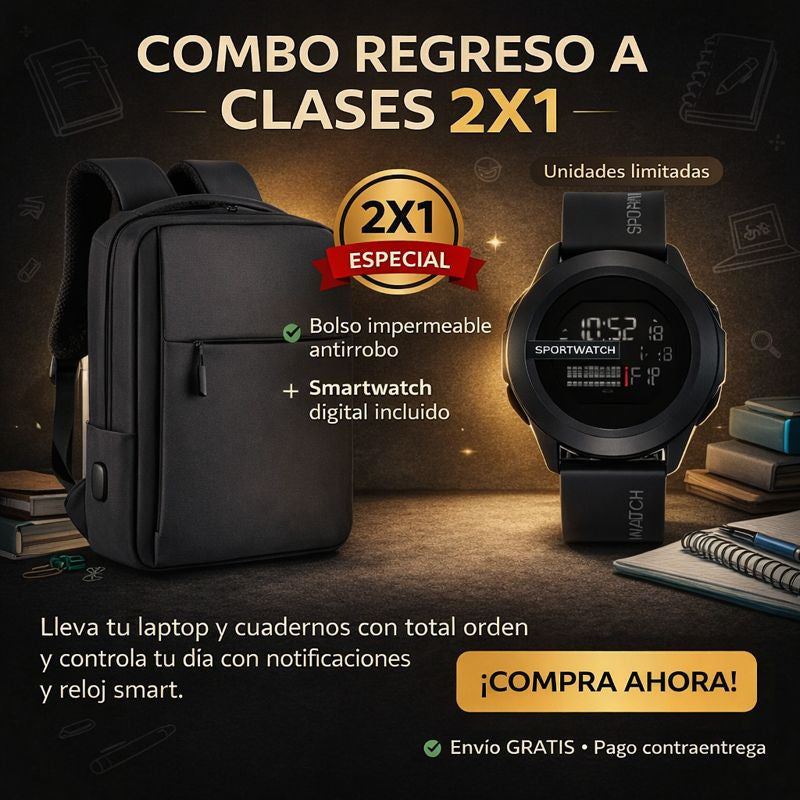 Súper COMBO 2X1: Bolso Impermeable +  Smart Watch Digital 🎁 | PROMO de Regreso a Clases 📖