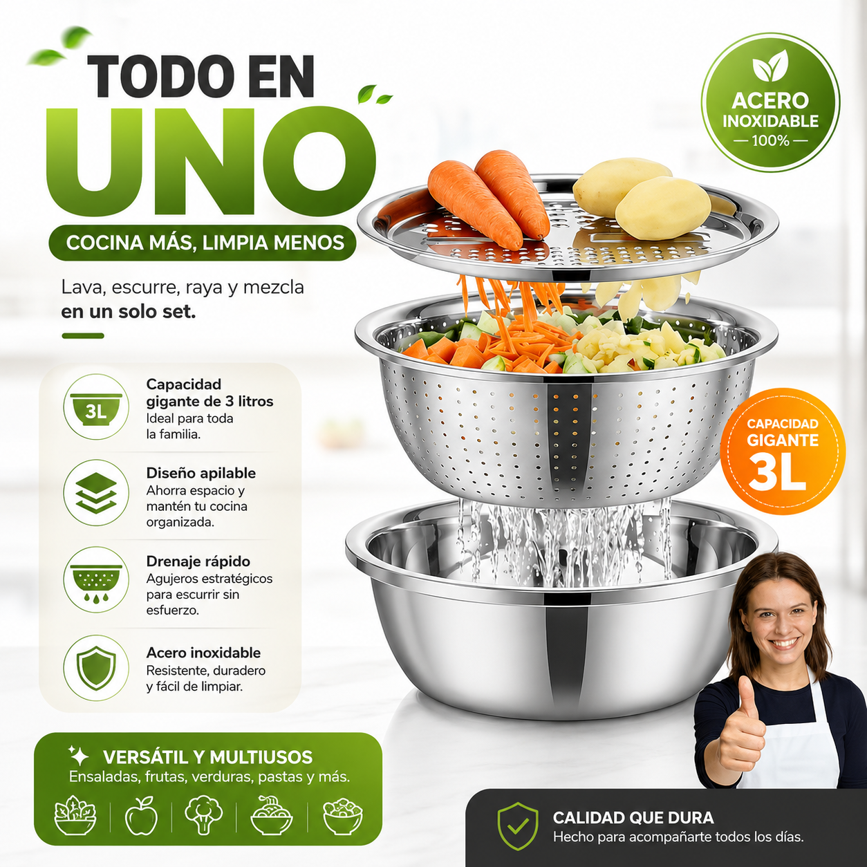 Set Bowl con Colador y Rayador: Cocinar Más Rápido y Sin Desorden 🥗