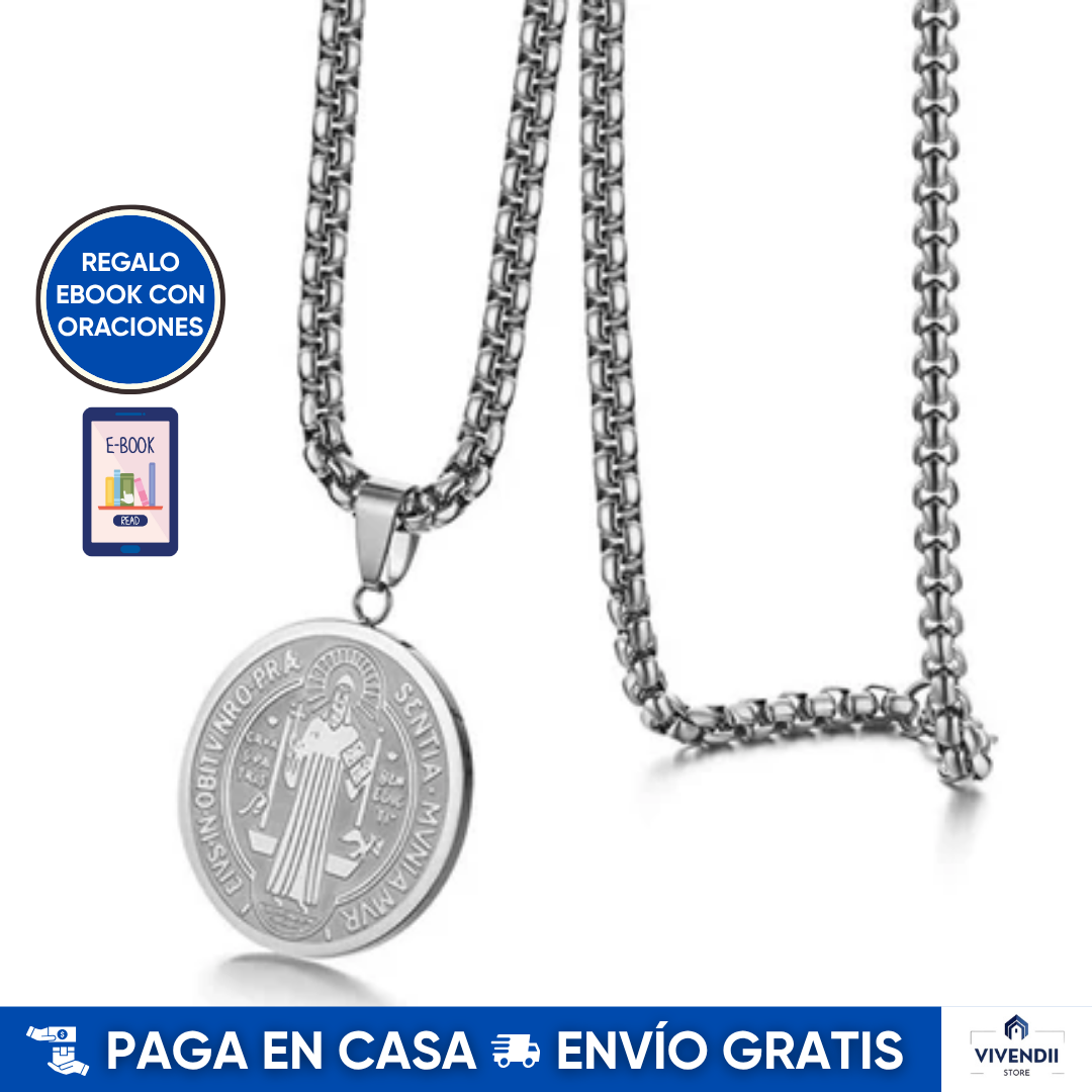 Collar San Benito en Acero Inoxidable: Collar + Medalla + Cajita de regalo + Ebook con oraciones 🛒