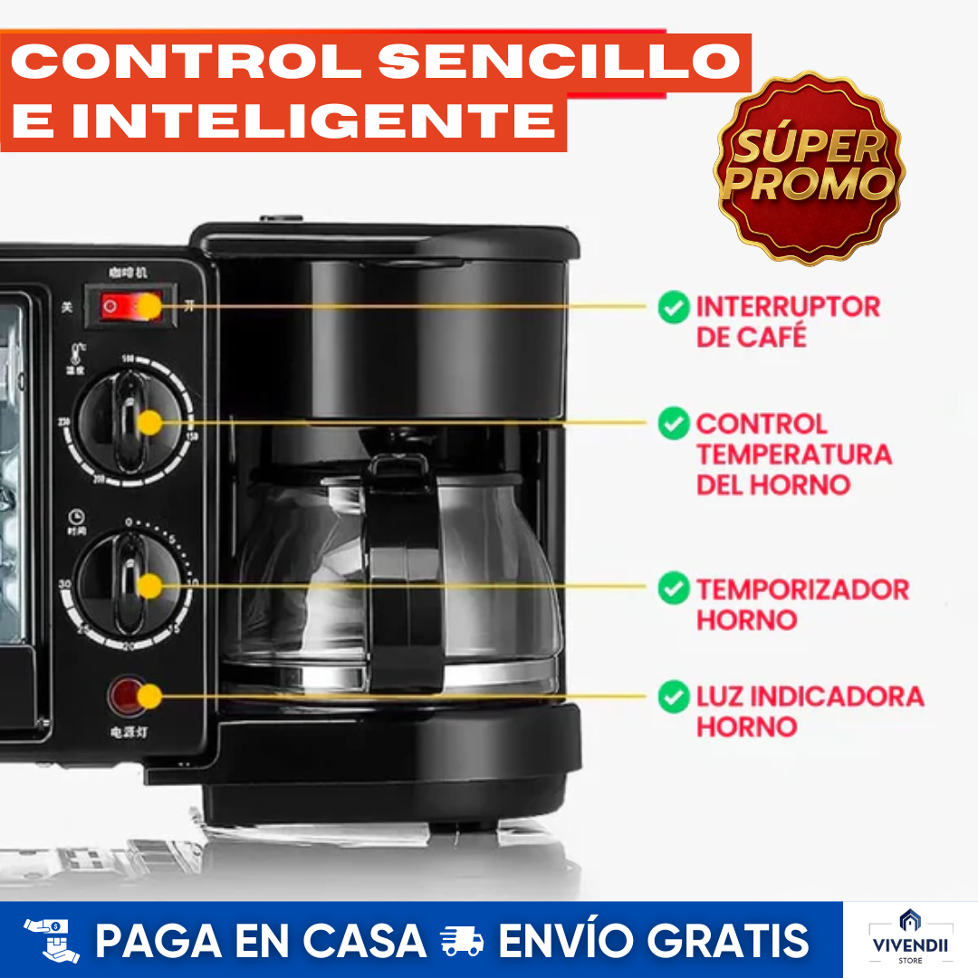 Máquina Desayunos 3 en 1 Sokany (horno + cafetera + sartén) ⚡