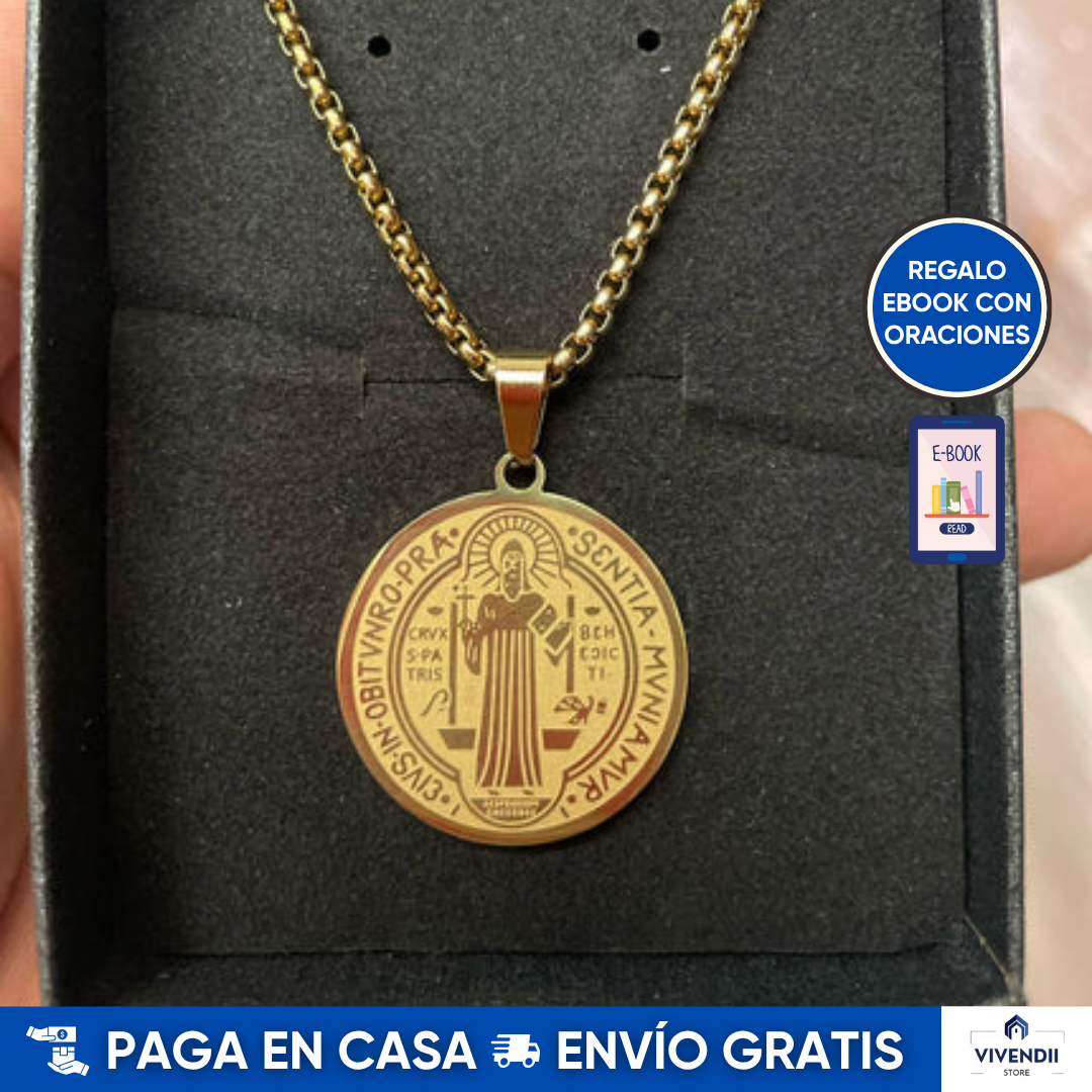 Collar San Benito en Acero Inoxidable: Collar + Medalla + Cajita de regalo + Ebook con oraciones 🛒