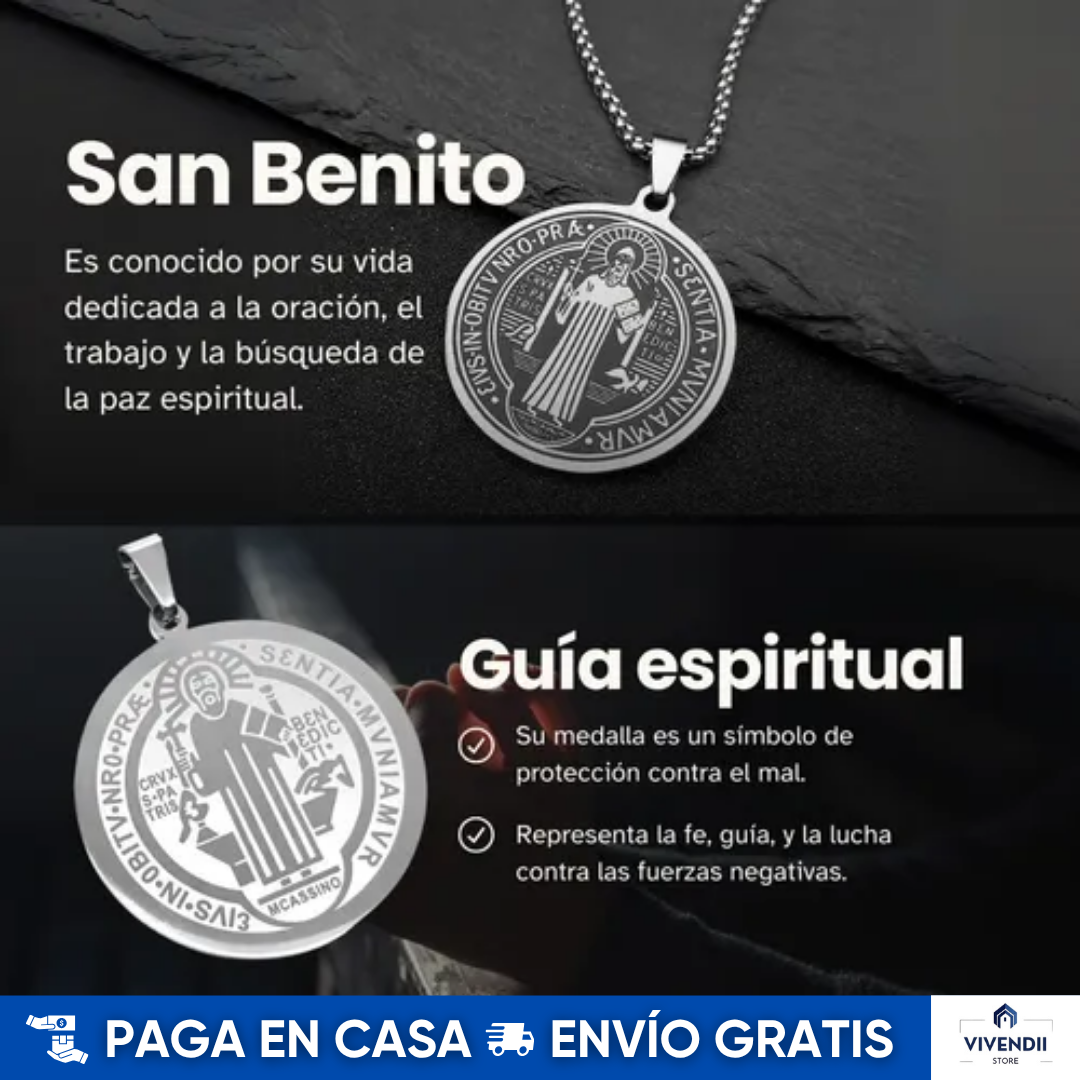 Collar San Benito en Acero Inoxidable: Collar + Medalla + Cajita de regalo + Ebook con oraciones 🛒