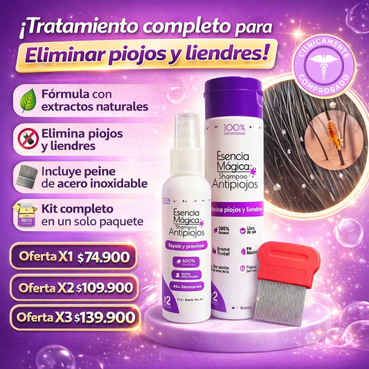 Kit Antipiojos (Shampoo + Spray + Peine) | Esencia Mágica ANTIPIOJOS 100% NATURAL 🌿