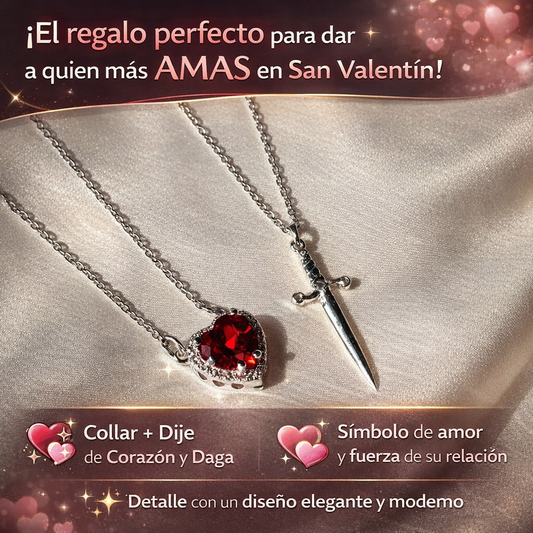 Collar Corazón + Daga: Simboliza la fuerza y la unión de su amor | Incluye Caja de Regalo 🎁