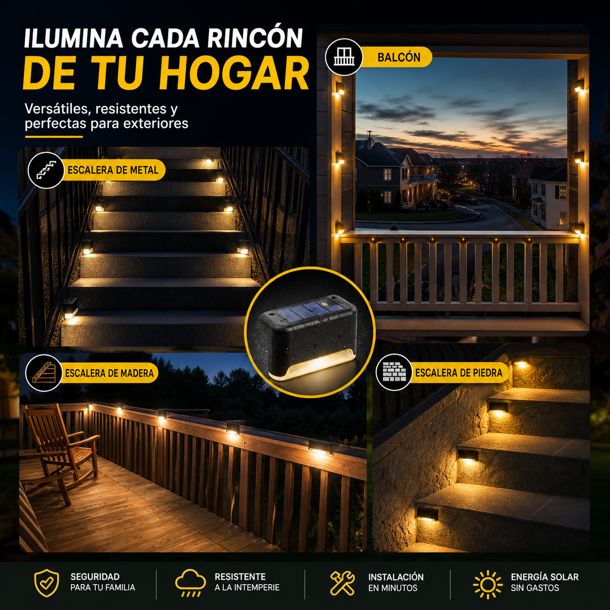 Kit X4 Luces LED Solares Automáticas: Ilumina tu hogar sin cables ni gastos de luz 💡