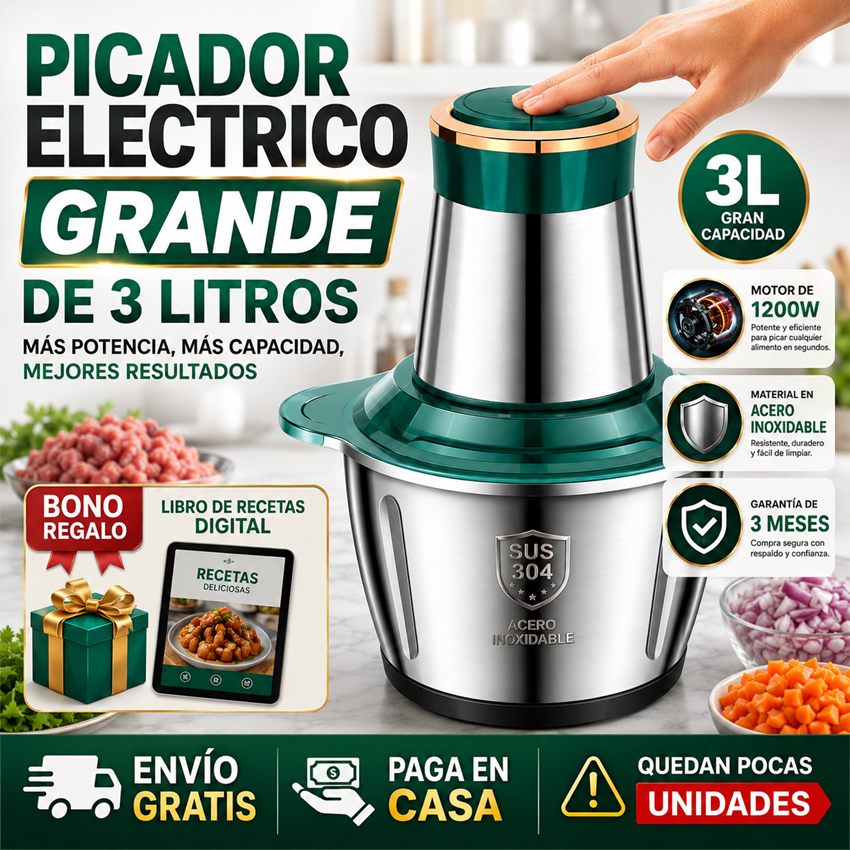 PICADOR DE GRAN CAPACIDAD 3 LITROS Gratis Libro de Recetas