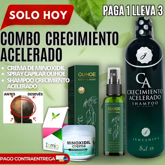 ¡No te quedes calvo! 🌿 Kit Capilar PRO: 1 Shampoo + 1 Minoxidil + 1 Ouhoe