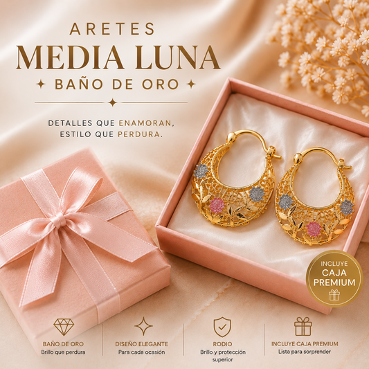 ARETES MEDIA LUNA EN ORO LAMINADO 😍 | DISEÑO EXCLUSIVO + CAJA ELEGANTE🌸